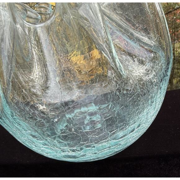 Vtg Aqua Color Crackle Glass Ruffled Crimpled Pinched Pleated Ribbon Glass Bowl - Picture 5 of 11